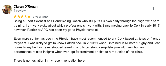 APC Physio and Sports Clinic Cork review by Ciaran